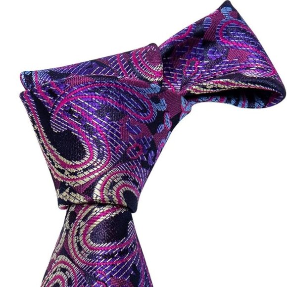 SILK Paisley Necktie And Pocket Square Cufflinks Set Purple - Picture 2 of 6